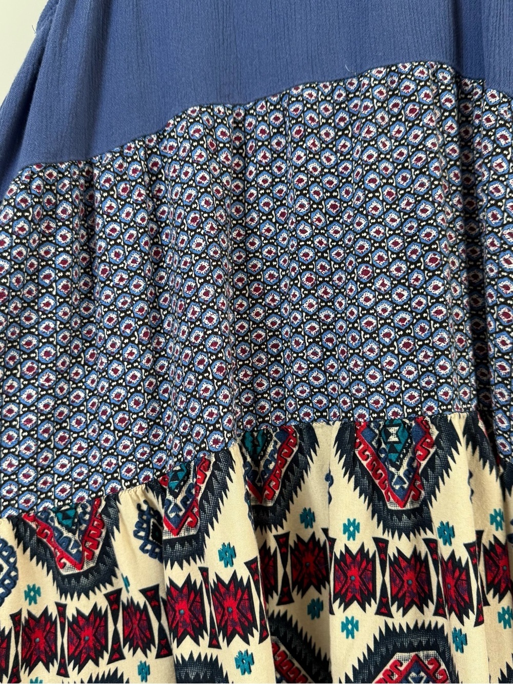 Umgee Boho Blue Mixed Print Tiered Dress Southwestern Tribal Lace Hem Medium - Picture 6 of 6
